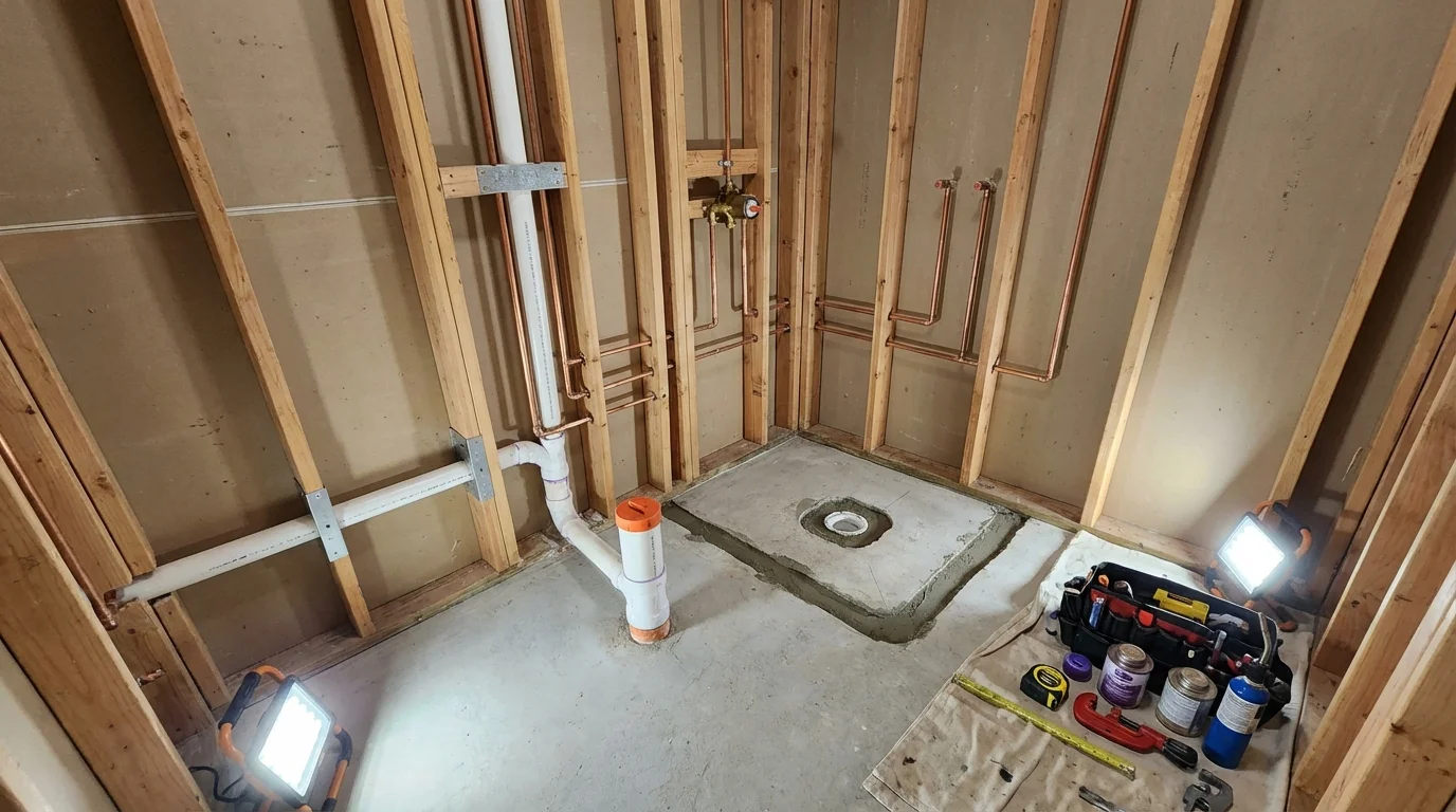 Bathroom rough-in plumbing during remodel by Johns Plumbing LLC in Royston