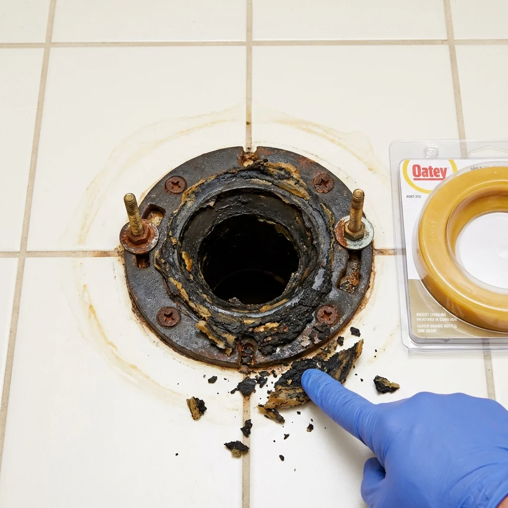 Failed wax ring showing water seepage at the base of a toilet in a Royston, GA home